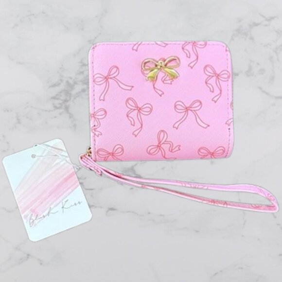 NWT Blush Kiss Pink Bow Print Wallet with Wrist Strap - Picture 1 of 9